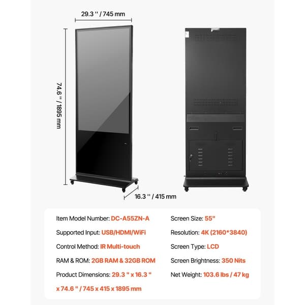 55 Digital Skyltningsskärm, Pekskärm 4K UHD LCD, Golvstående Kiosk, högupplöst bild, interaktiv användarupplevelse
