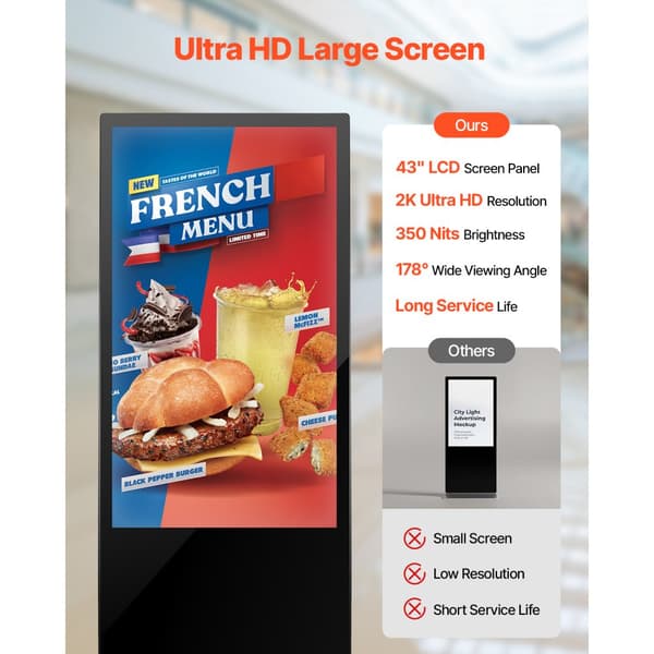 43 Digital Signage Display, Berøringsskærm, 2K UHD LCD, Gulvstående Kiosk, Høj Opløsning, Brugervenlig Interface