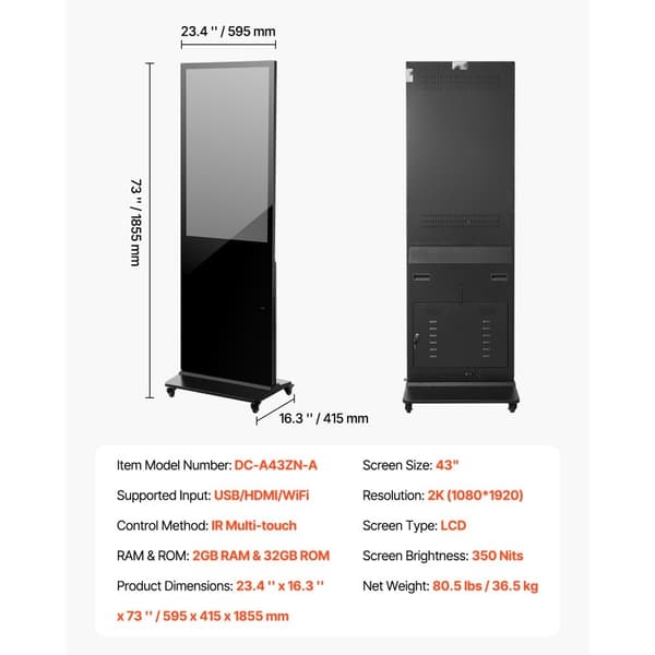 43 Digital Signage Display, Berøringsskærm, 2K UHD LCD, Gulvstående Kiosk, Høj Opløsning, Brugervenlig Interface
