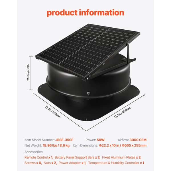 Solartakfläkt för vind, Avgasfläkt 50W, med smart termostat och fjärrkontroll