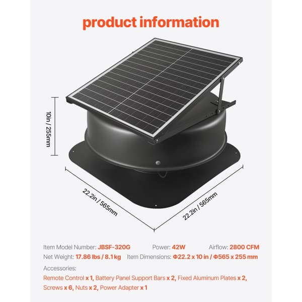 Aurinkokattoinen ullakon poistopuhallin 42W, Smart-termostaatti, kauko-ohjattava
