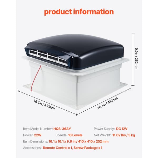 RV Ventilator 14 tommer, Vendbar med Regndæksel, Power Top Låg, Energibesparende, Stille Drift