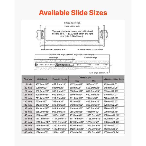 1 Par 18-60 tum Soft-Close Lådslides, Kullager, Fullständig Utsträckning