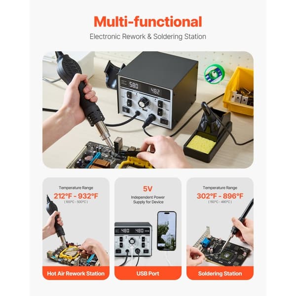2-in-1 Kuumailmakolvi & Juotosasema, 820W, 5V USB-latausportti, Nopea Lämmitys, Digitaalinen Lämpötilansäätö