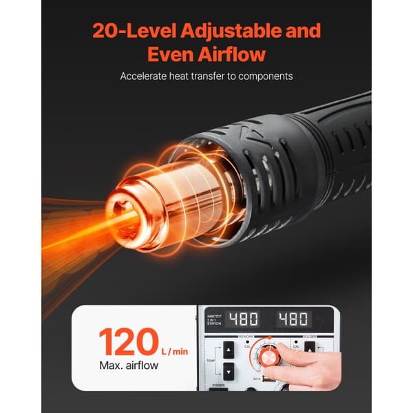2-in-1 Kuumailmakolvi & Juotosasema, 820W, 5V USB-latausportti, Nopea Lämmitys, Digitaalinen Lämpötilansäätö