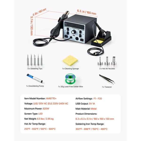 2-in-1 Kuumailmakolvi & Juotosasema, 820W, 5V USB-latausportti, Nopea Lämmitys, Digitaalinen Lämpötilansäätö