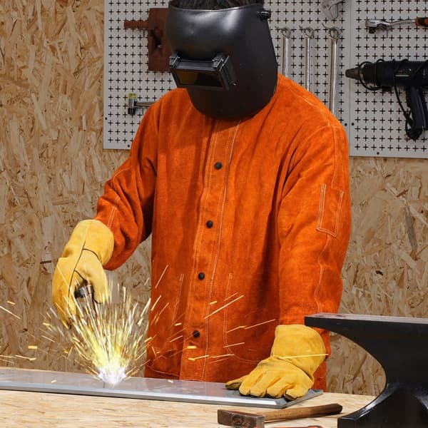 Flammesikker Svejsejakke, Heavy Duty Læder, Størrelse L, Høj Sikkerhed, Robust Holdbarhed