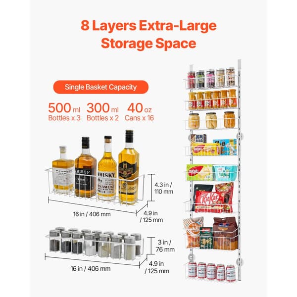 8-lags over døren Pantry Organizer, Hængende opbevaringsstativ, Justerbar