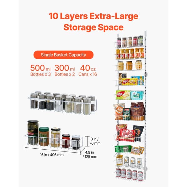 Pantry Organizer 10-nivå, över dörren hängande förvaringsställ, justerbar