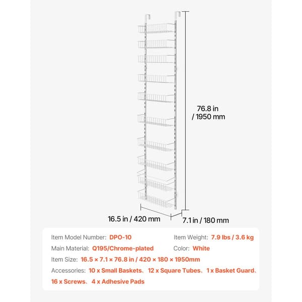 Pantry Organizer 10-nivå, över dörren hängande förvaringsställ, justerbar