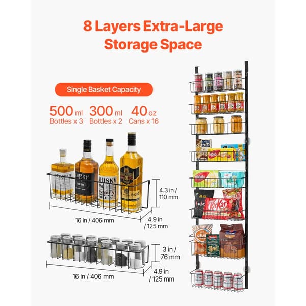 8-vånings Pantry Organizer, över dörren hängande förvaringsställ, justerbar höjd