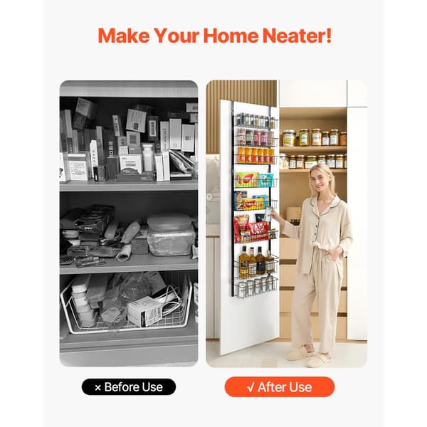 8-vånings Pantry Organizer, över dörren hängande förvaringsställ, justerbar höjd