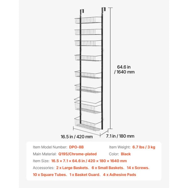 8-vånings Pantry Organizer, över dörren hängande förvaringsställ, justerbar höjd