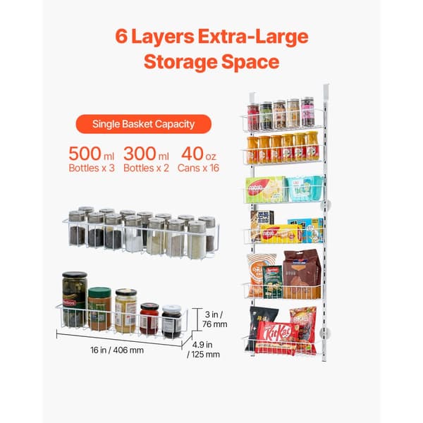 6-lags Pantry Organizer Over Døren, Hængende Opbevaringsstativ, Justerbar Højde