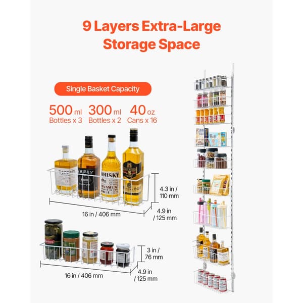 9-vånings Pantry Organizer, Över Dörren Hängande Förvaringsställ, Justerbar Höjd