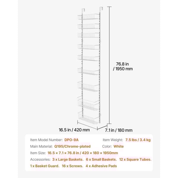 9-vånings Pantry Organizer, Över Dörren Hängande Förvaringsställ, Justerbar Höjd