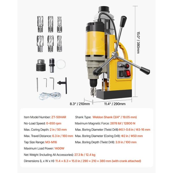 Magnetisk boremaskine 1400W, 2878 lbf Mag model, 2 i borediameter, 6 bits, gul farve