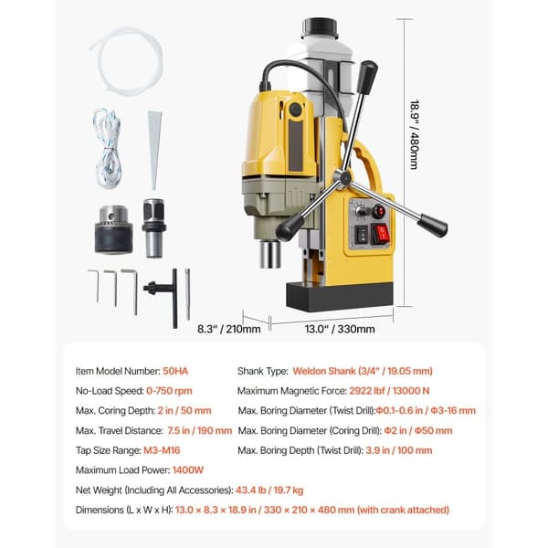 Magnetisk borr 1400W, 2922 lbf, Modell Borrpress, 2 i borrdiameter, varvtal 0-750 rpm