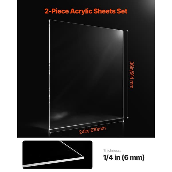 2-pak Plexiglas Akrylplader, 24x36 Tommer, Plastplader 1/4 Tomme Tykke, Perfekte til Kunstprojekter og Beskyttelse af Overflader