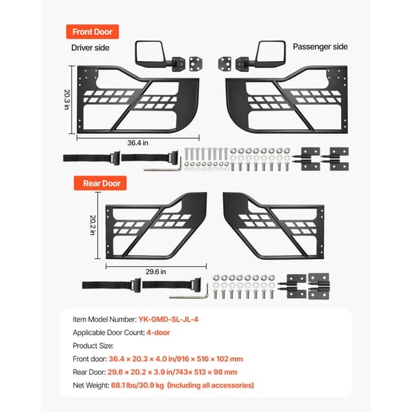 Jeep Tube Ovet 4-oviset, Tubulaariset Ovet, 2018-2024 Jeep Wrangler JL-malliin