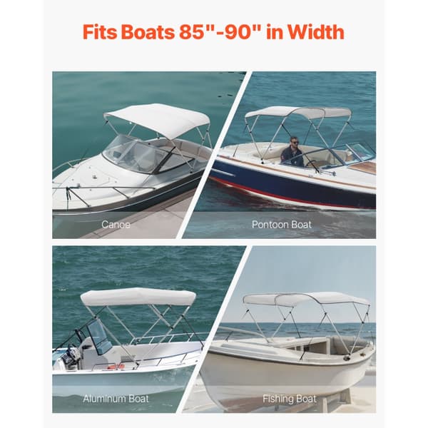 3-Bue Båd Bimini Toppe 72Lx(85-90)B x 46H, Markisetag i Lysegrå, Holdbar og Vejrbestandig