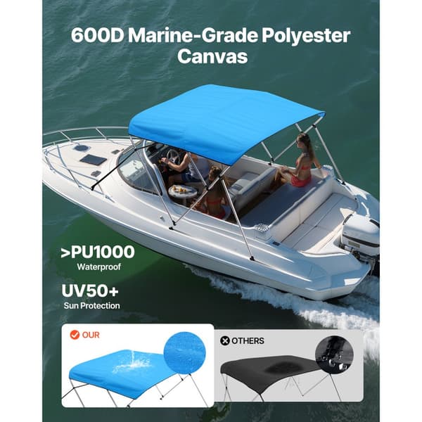 3-Bue Båd Bimini Top, 72Lx(85-90)B x 46H, Markise Canopy, Stillehavsblå Farve