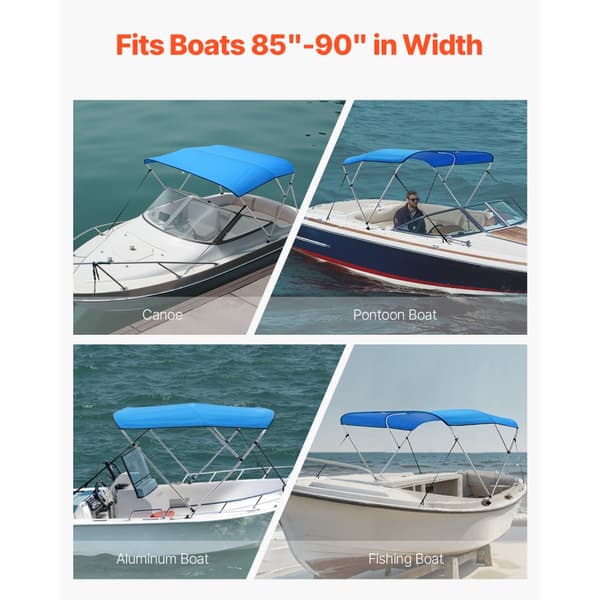 3-Bue Båd Bimini Top, 72Lx(85-90)B x 46H, Markise Canopy, Stillehavsblå Farve