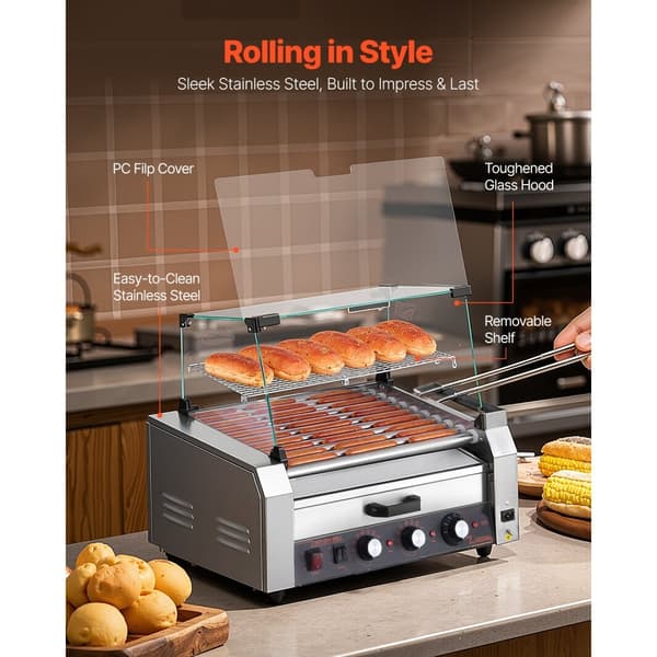 Hot Dog 11 Roller Kone, Sähkögrilliliesi, 2400W Teho, Pullanlämmitin, 30 Makkaraa Kapasiteetti