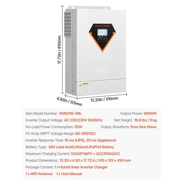 Hybrid Solinverter Laddare 6000W, 220/230V, Inbyggd WIFI, 120A MPPT Controller