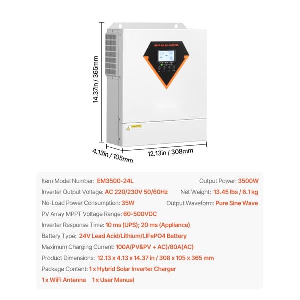 Hybrid Solcelleinverter Oplader 3500W, 220/230V, Indbygget WiFi, 100A MPPT Controller