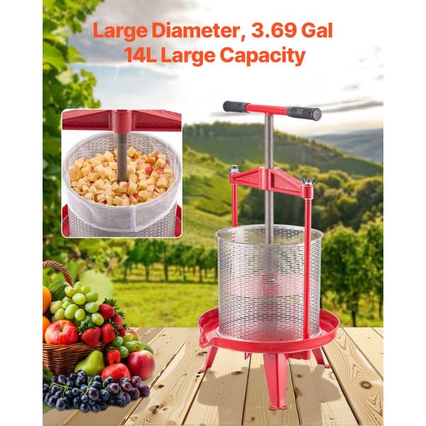 Frugtvinpresse, Manuel Presse til Vinfremstilling, 3,69 Gal/14L, Rustfrit Stål