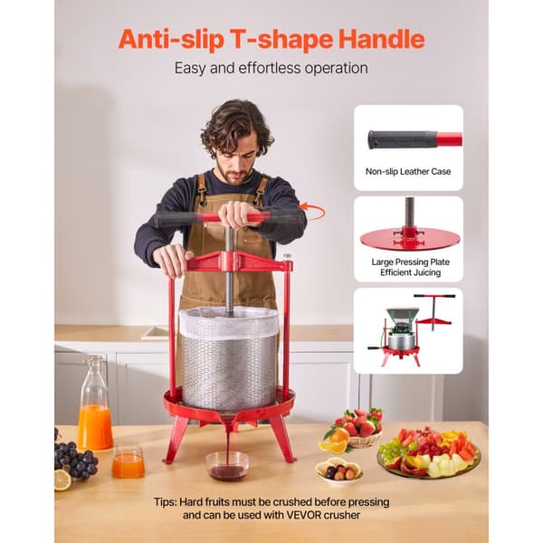Frugtvinpresse, Manuel Presse til Vinfremstilling, 3,69 Gal/14L, Rustfrit Stål