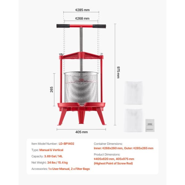 Frugtvinpresse, Manuel Presse til Vinfremstilling, 3,69 Gal/14L, Rustfrit Stål