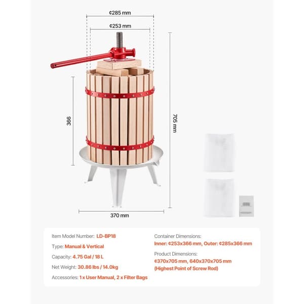 Fruktvinpress Manuell, 4,75 Gal/18L Träkorg, Idealisk för Vintillverkning