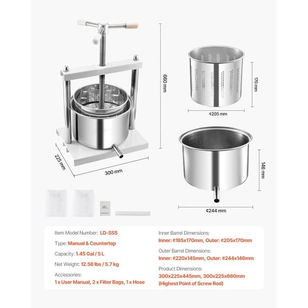 Manuel Frugtvinpresse, 1,45 Gal/5L Model, Rustfrit Stål til Vinfremstilling