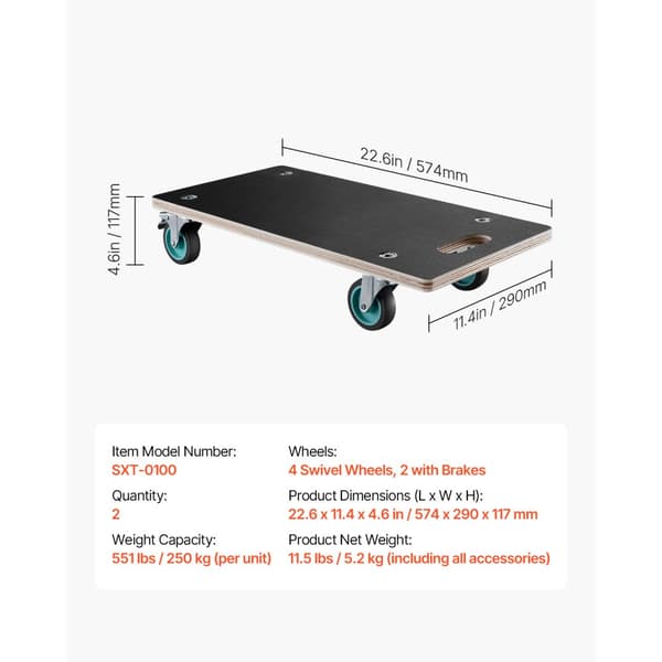 Møbelrullebord 250 kg, Møbel-Flytte Dollies, med 4 Støjsvage TPR Hjul