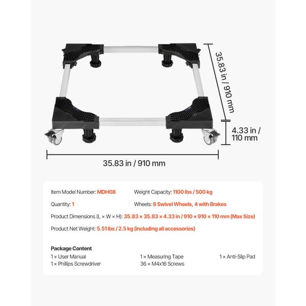 Mobil køleskabsbase, Møbeldolly, 1100 lb kapacitet, justerbar 27,5-35,4 tommer
