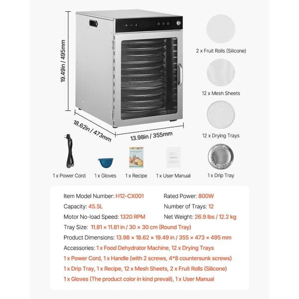 Roterande Mattorkarmaskin, 12 Brickor, Rostfritt Stål, 800W, Snabb Frukttorkning