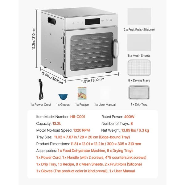 8-bakke Mad Dehydrator, Rustfrit Stål 400W, Jerky og Frugt Tørringsmaskine
