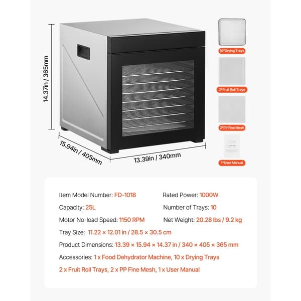 Mad Dehydrator Maskine, 10 Bakker, Rustfrit Stål, 1000W, Jerky Frugt Tørring