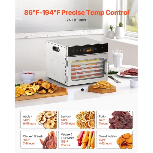 6 Bakker Mad Dehydrator Maskine, Rustfrit Stål 400W, Jerky Frugt Tørring Egenskaber