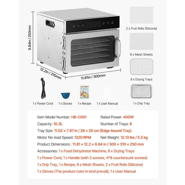 6 Bakker Mad Dehydrator Maskine, Rustfrit Stål 400W, Jerky Frugt Tørring Egenskaber