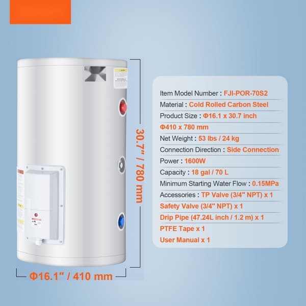 18 Gallonan Sähköinen Vedenlämmitin, Instant Hot 1.6 kW, LED-Näyttö, Suihkuihin Tarkoitettu