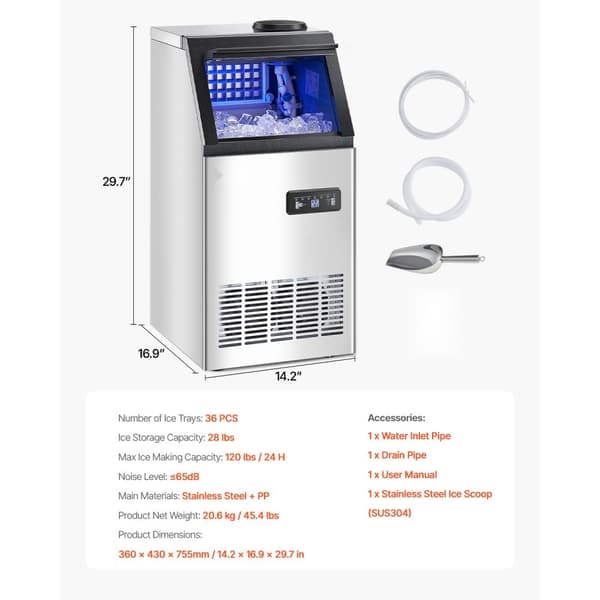 Kommerciel Ismaskine, Fritstående Kabinetmaskine, 120lbs/24H, Producerer 36 Isterninger
