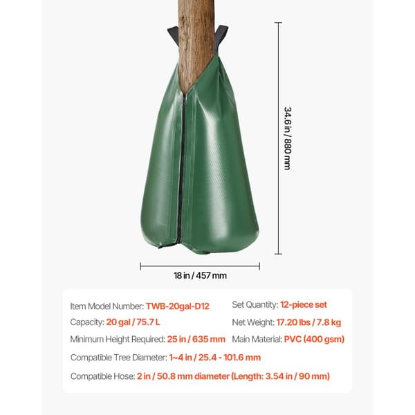Trädvattenpåse 12-pack, 20 Gallon Modell, Långsam Frisättning, Slitstark
