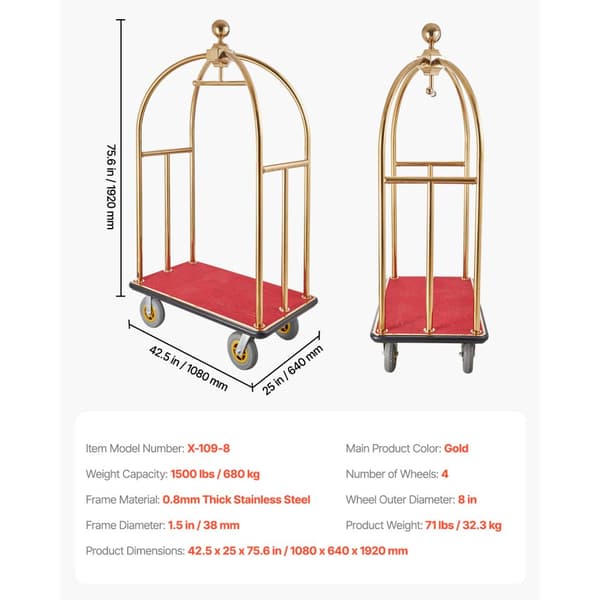 Hotelli Matkalaukkukärry 1500 LBS, Ruostumaton Teräs Bellman's Cart, Kaarevat Pystytuet