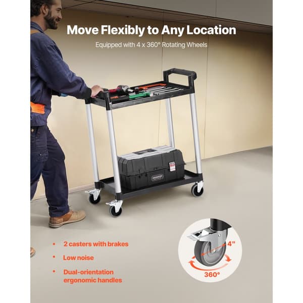 Robust arbejdsvogn, Utility Cart 300 lbs, 2-etagers servicevogn med hjul, høj kapacitet