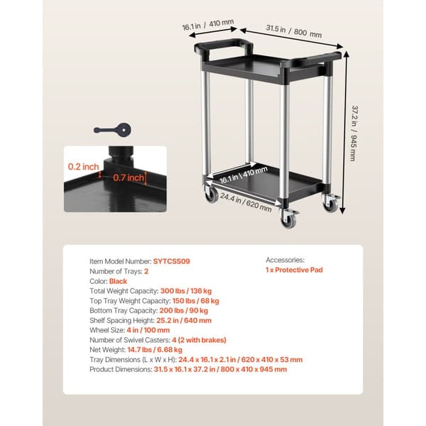 Robust arbejdsvogn, Utility Cart 300 lbs, 2-etagers servicevogn med hjul, høj kapacitet
