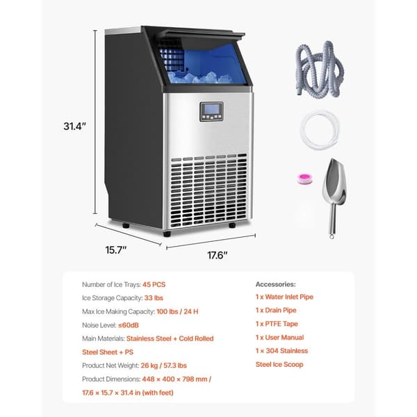 Kommerciel Ismaskine, Fritstående Kabinetmaskine, 100lbs/24H, 45 Isterninger pr. Cyklus
