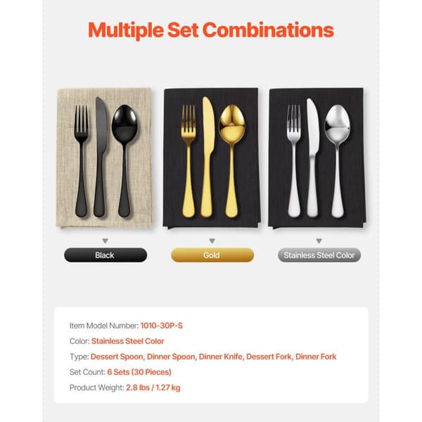 30-delars silverbestick set, Rostfritt stål, Servis för 6 personer, Långvarig & Tålig